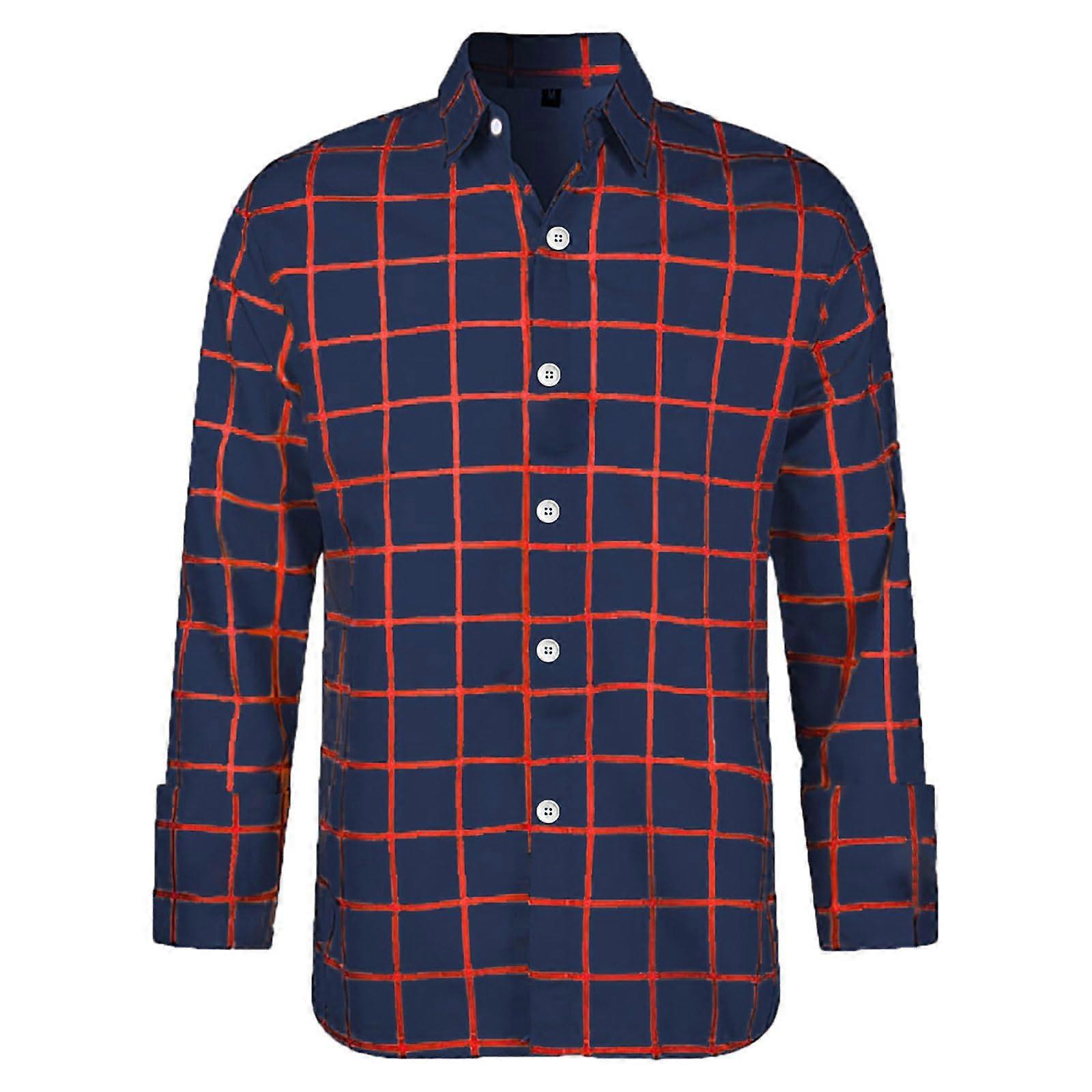 Cardigan Men's Long Sleeve Checked Printed Colour Block Shirt Jacket Navy With Button Size M