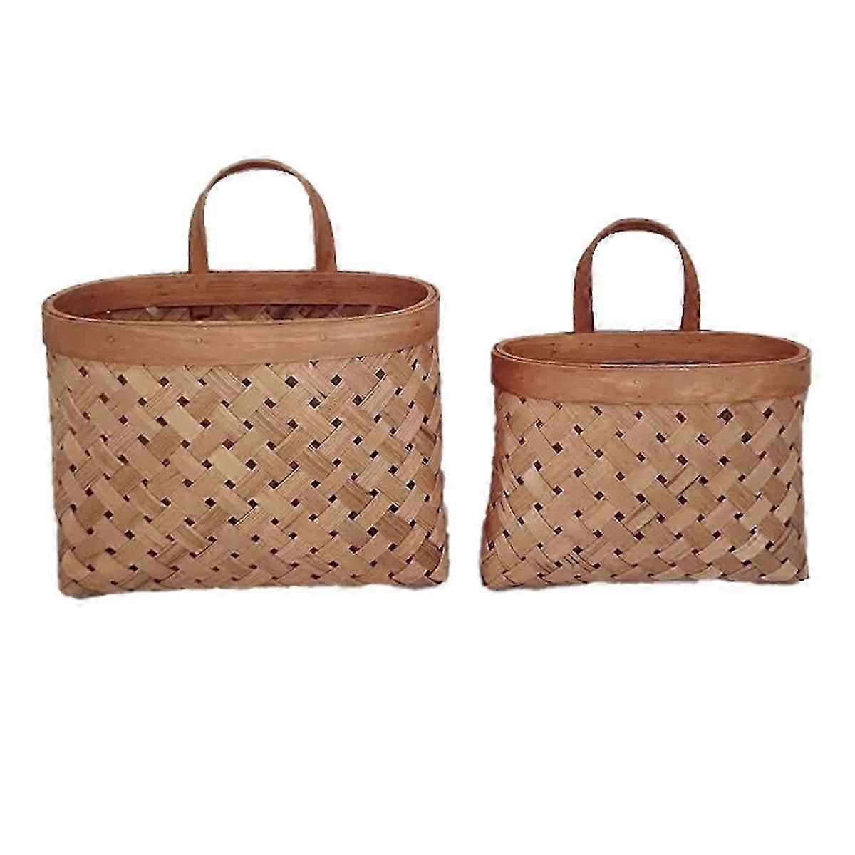 Handmade Woven Hanging Basket Kitchen Fruit and Vegetable Storage Natural Bamboo Woven Flower Pot Home Wall Decor -B