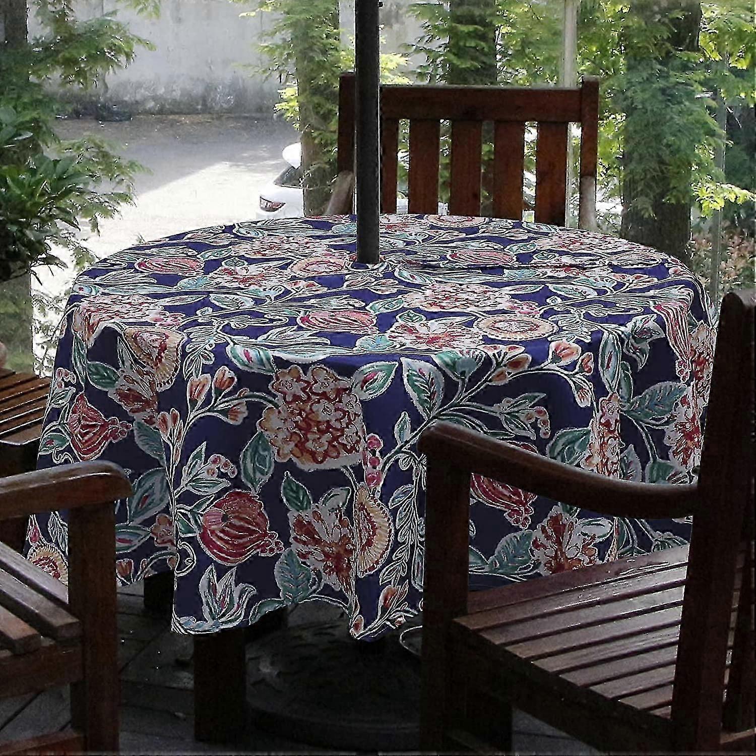 Spring Summer Waterproof Outdoor Tablecloth with Umbrella Hole & Zipper, Green Leaves, 60" Round