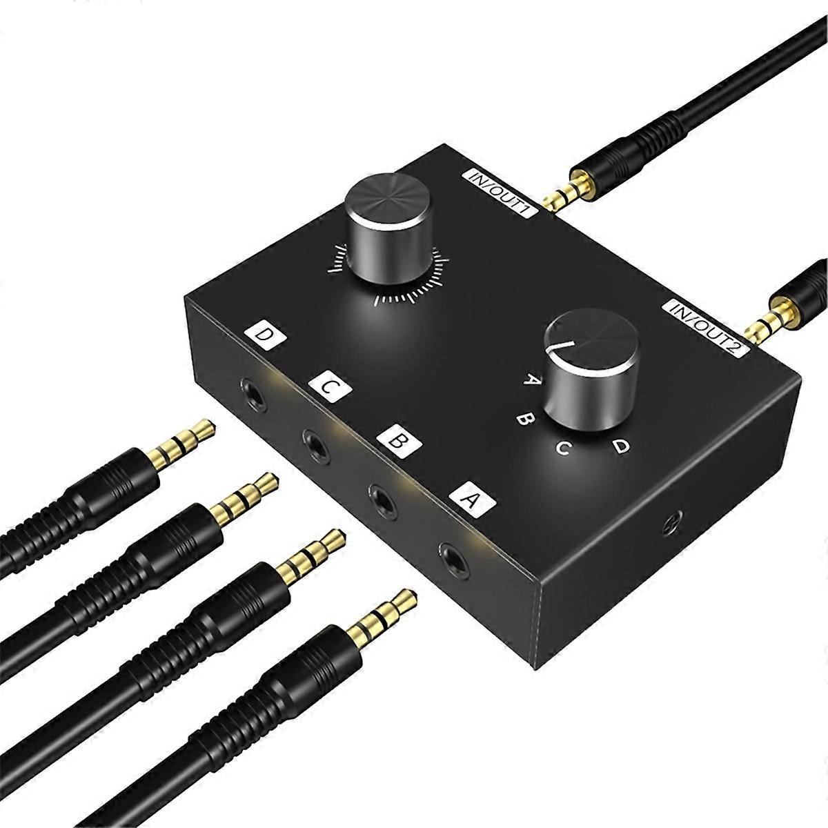 3.5mm Stereo Audio Switcher 6-Way Audio Splitter Box Bi-Directional 4 in 2 Out Audio Switch Box with