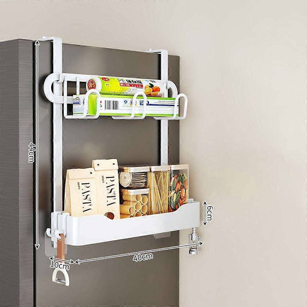 Refrigerator Side Storage Rack 2-Tier Kitchen Organizer Spice Holder Shelf with 4 Hooks (1 Basket, 1 Rack)