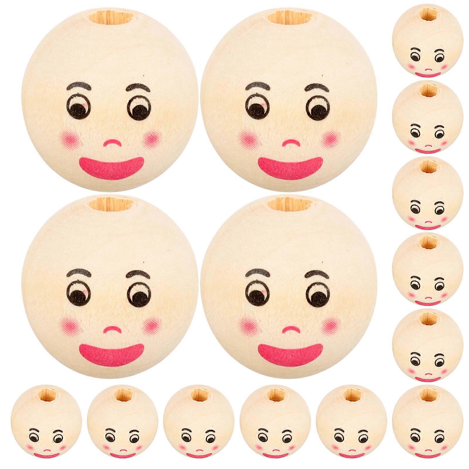 40Pcs Wooden Beads For DIY Projects Natural Craft Accessories Multi Color Round Beads With Face Pattern