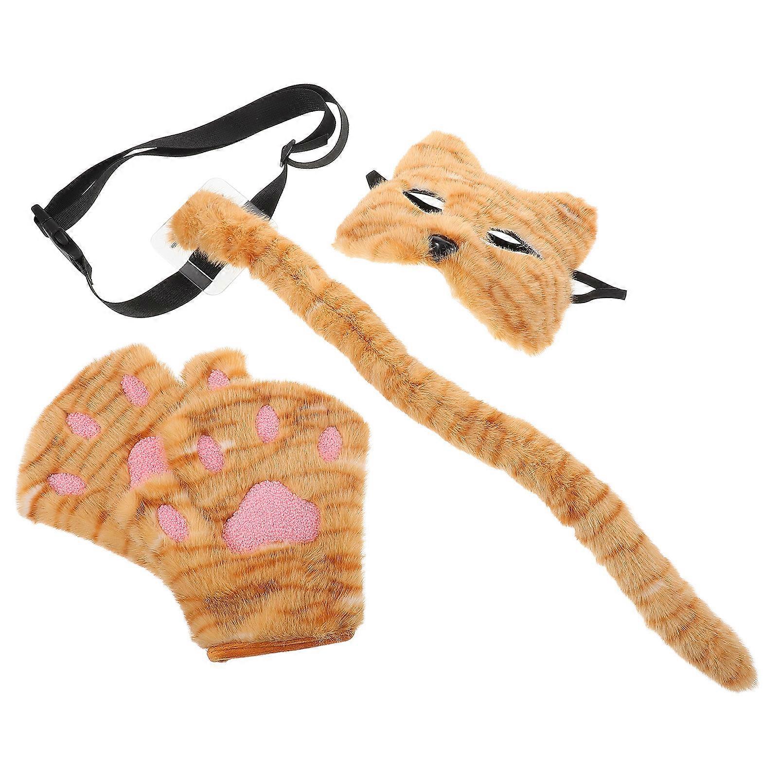Cat Mask Costume Set for Halloween Party with Tail and Paw Gloves 2Sets