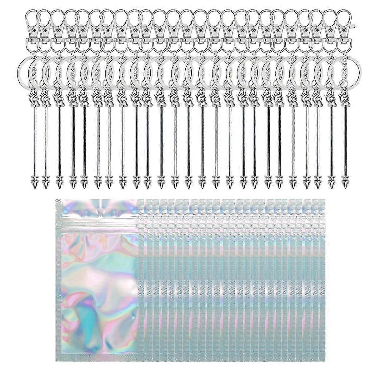 Beadable Keychains Making Kit , Beadable Keychains Bar Blank Silver Beaded Key Chain Making Kit for