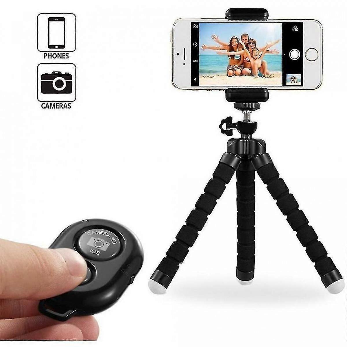 Using a remote control and a phone tripod.
