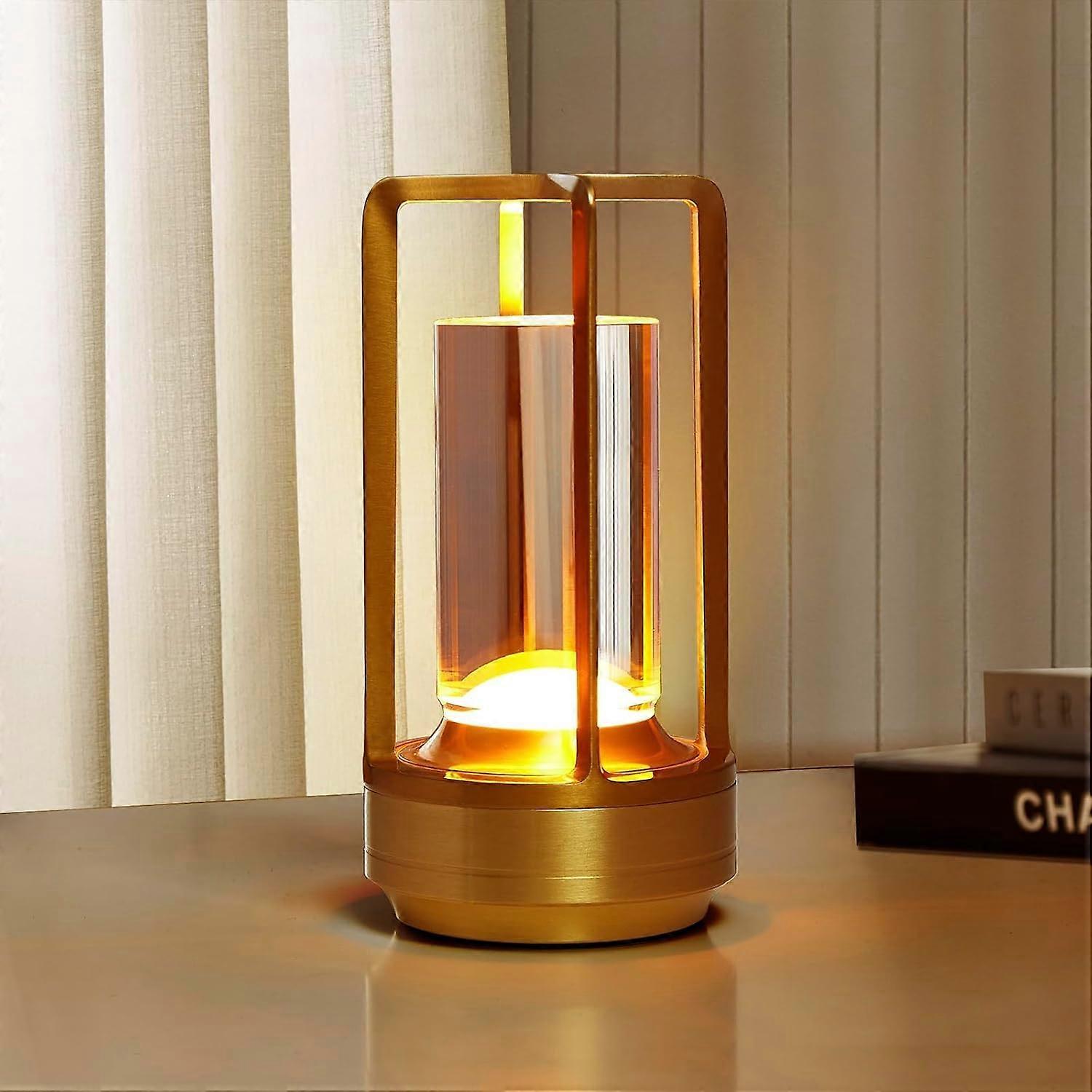 Cordless Table Lamp 4000mAh Crystal Lantern, Rechargeable LED Light with 3 Color Dimmable Touch for Indoor Outdoor Use Gold