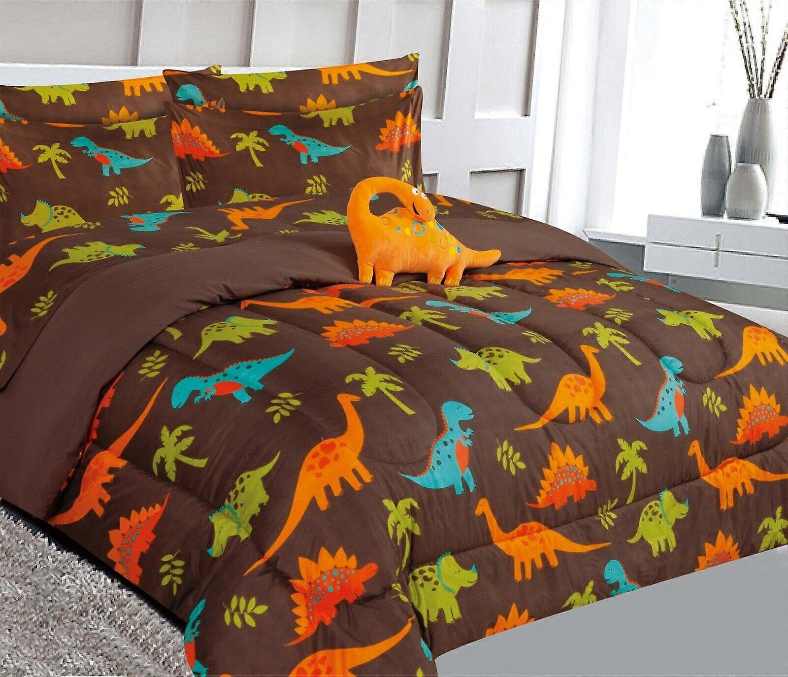 Bedding Set Full Size 8pc Dinosaur Brown, Complete Bed in Bag with Comforter, Plushie Toy & Matching Sheets for Kids Bedroom Décor, Compatible with
