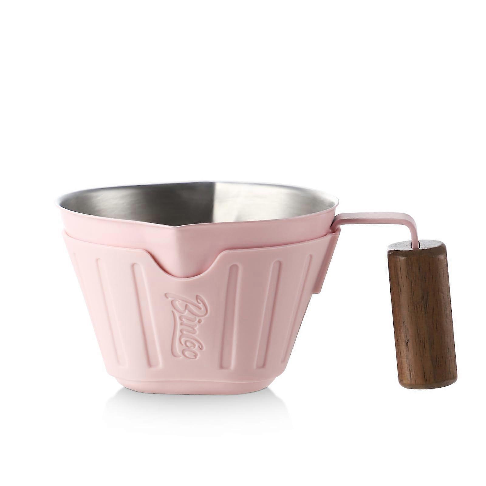 Espresso Measuring Cup 90ml Double Spout Stainless Steel with Walnut Handle and Heatproof Sleeve Pink