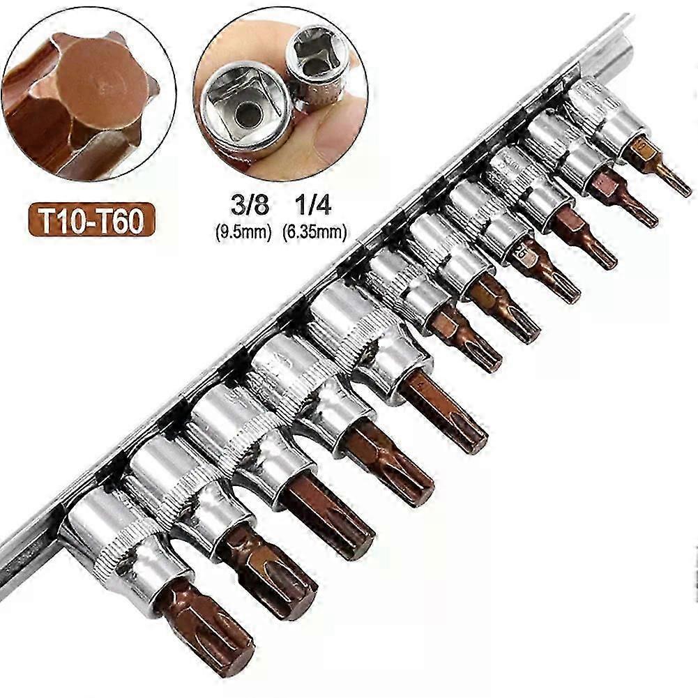 11pcs Drive Socket Set Torx Screwdriver Bits 3/8 1/4inch Wrench Socket Adapter T10 T15 T20 T25 T27 T30 T40 T45 T50 T55 T60