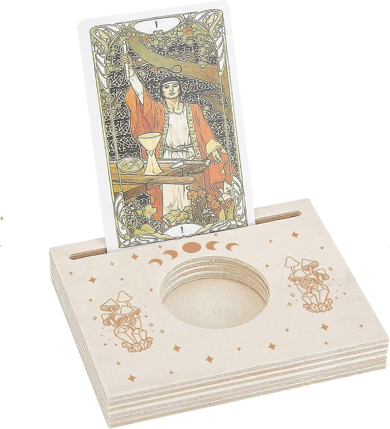 Wooden Tarot Card Display 3.9 x 3.1 Inch Wood Carved Mushroom Moon Star Pattern Tea Light Divination Cards Stand Holder for Wiccan Decoration Reading 