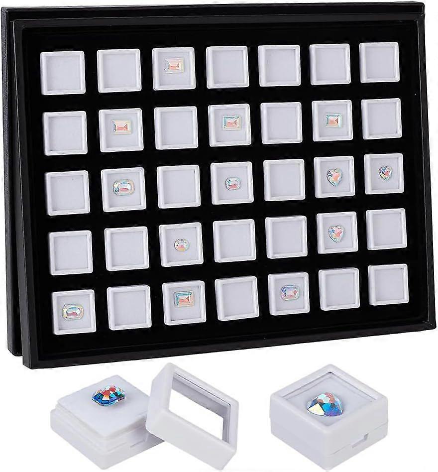 35pcs White Gemstone Display Box Acrylic Small Loose Diamond Cases 1.2inch Square Transparent Jewelry Box with Lid Foam Stone Storage Container for Co