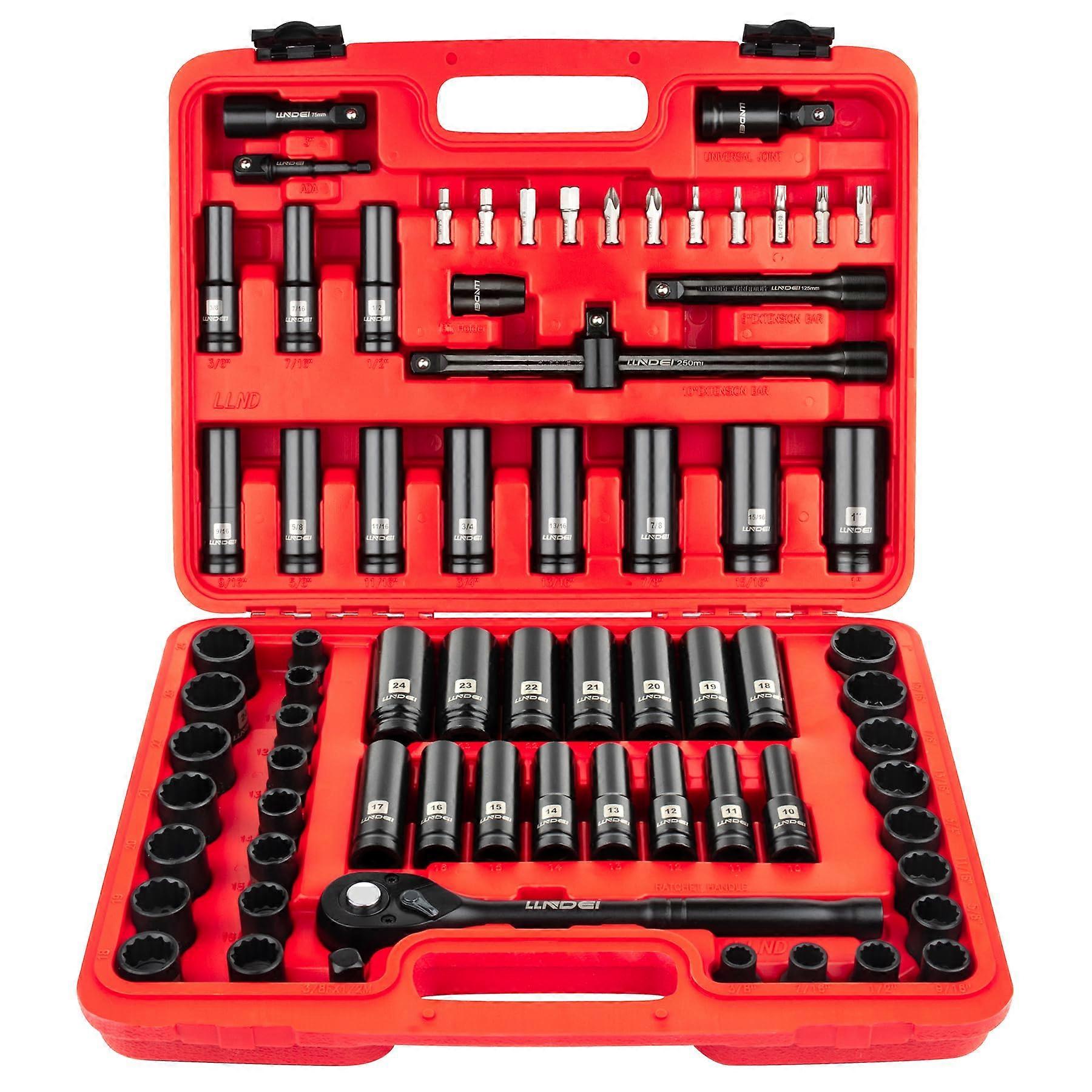 72Piece 1/2 Inch Drive Impact Socket Set, Metric and SAE, Deep and Shallow CrV Sockets with Ratchet and Extensions
