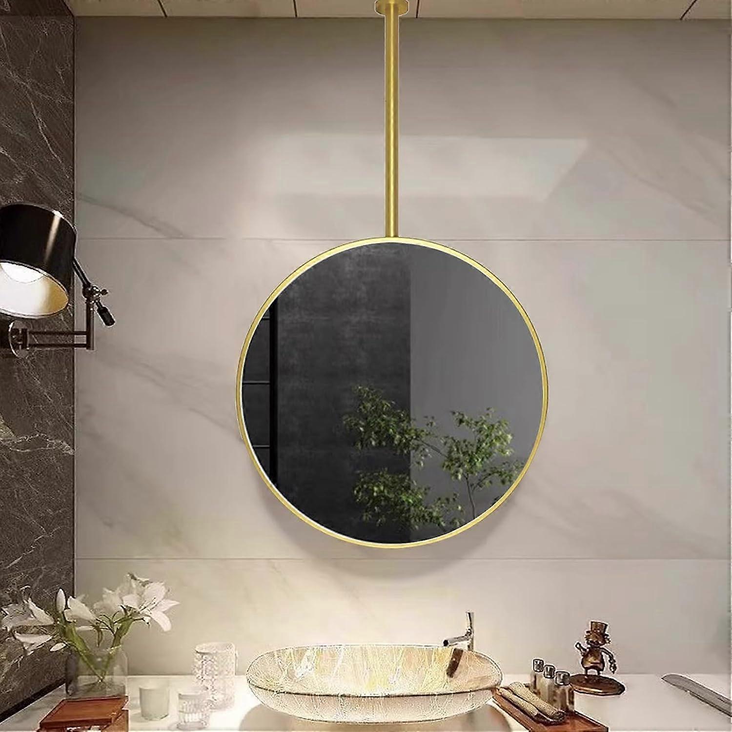 Ceiling Mounted Round Mirror with Gold Frame, Shatterproof Glass, Adjustable Rod, 50cm