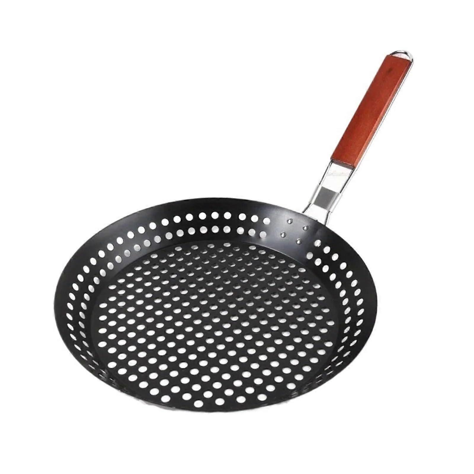 BBQ Grill Basket Round Perforated Grilling Pan with Foldable Handle for Vegetables Seafood Camping