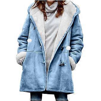 Abrigo de otoño-invierno para mujer, cuello con muescas, manga larga con botones, bolsillos grandes de parche, tejido aislante para clima frío (azul cielo n.° 1,5XL)