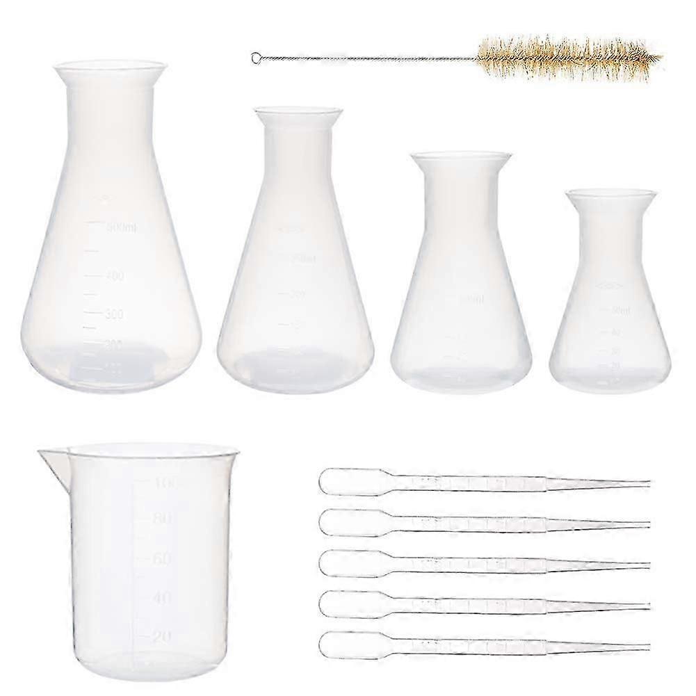 5pcs Plastic Erlenmeyer Flasks (50ml-500ml) + 1pc Measuring Cup, compatible with laboratory school projects