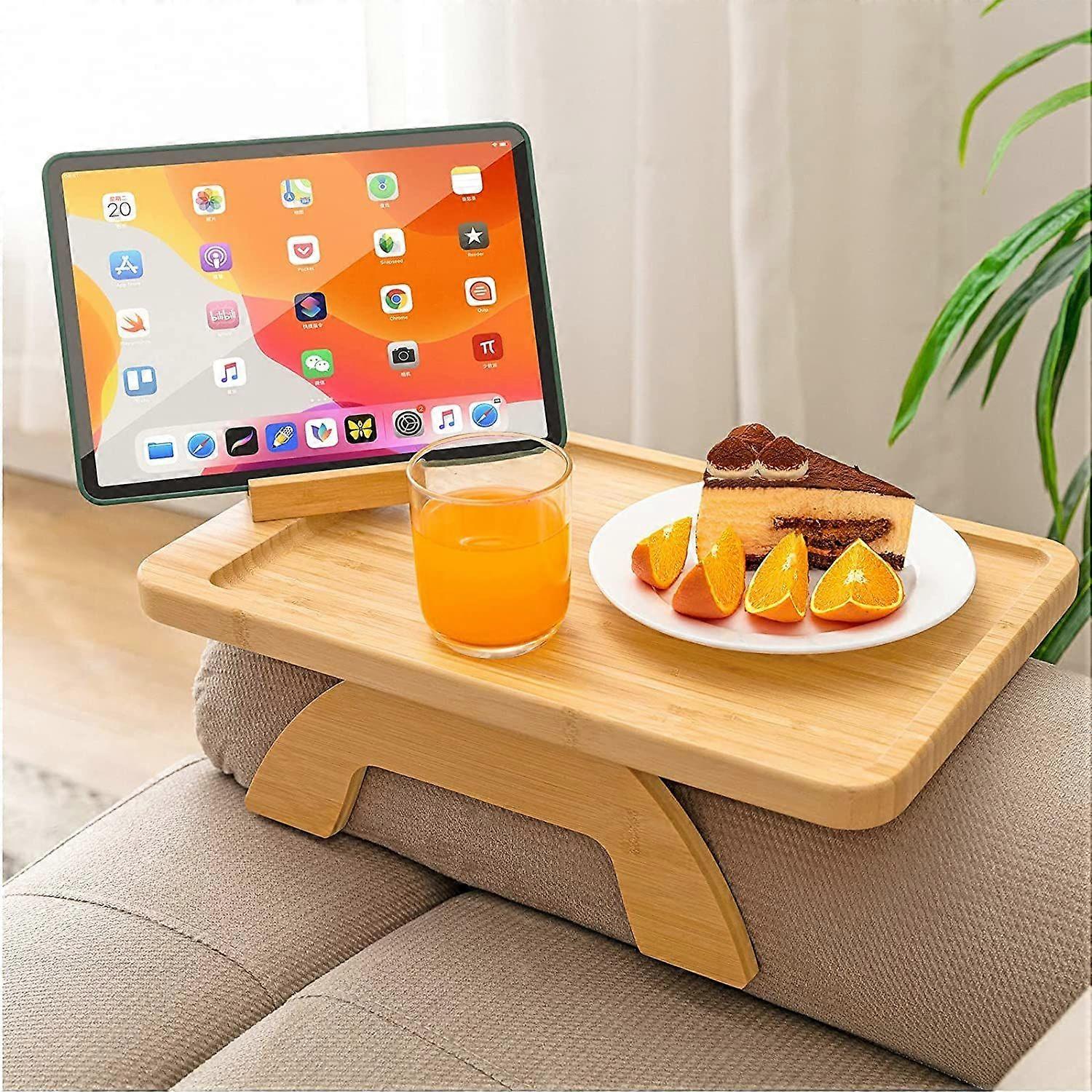 Bamboo Sofa Arm Tray Table with Rotating Mobile Holder