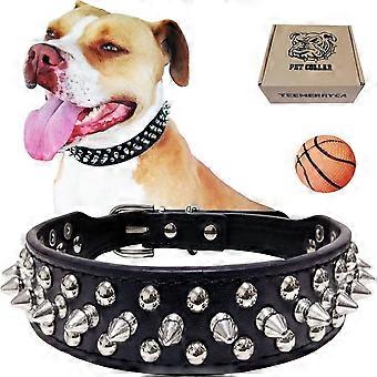 Adjustable Microfiber Leather Spiked Studded Dog Collars with a Squeak Ball Gift for Small Medium Large Pets Like Cats/Pit Bull/Bulldog/Pugs/Husky,BLA