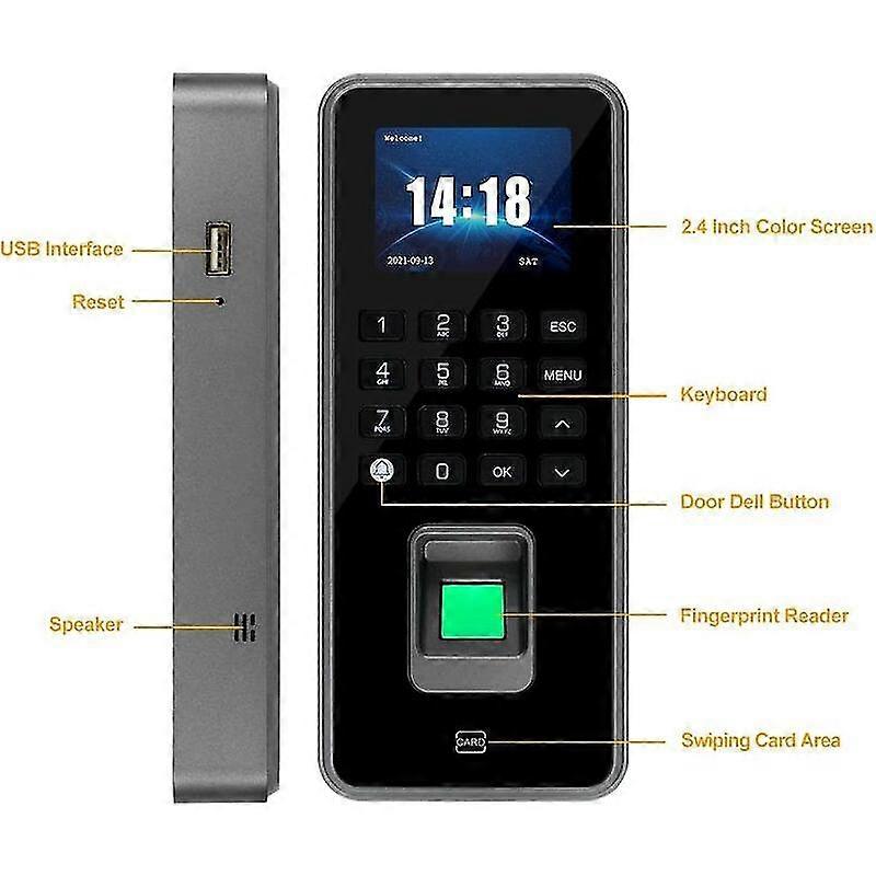 Fingerprint Access Control RFID Keypad USB Biometric Access Control System Electronic Attendant Machine + 10 Keyfobs, Gray