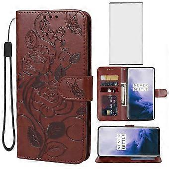 Portemonneehoesje van leer met flipcover, kaarthouder, standaard en gehard glas, bruin, voor OnePlus 7 Pro