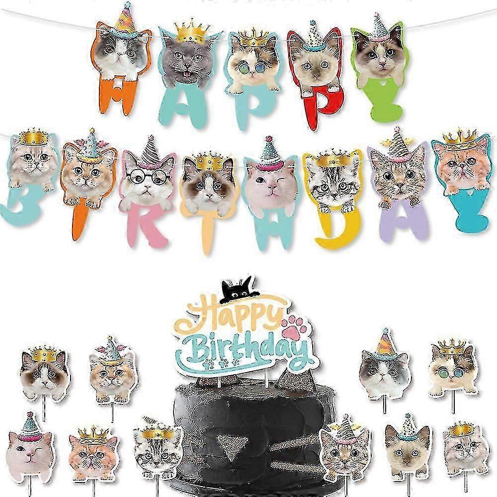 Cat Face Pattern Bunting Garland Hanging Pull Flag compatible with Pet Theme Party