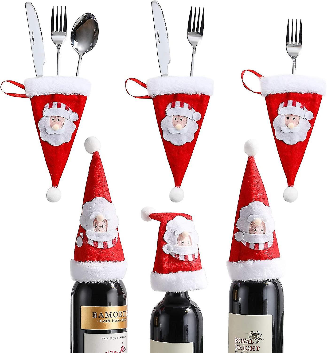 クリスマスサンタ帽子シルバーウェアホルダー、ミニボトルカバー、カトラリーフォークスプーンナイフ収納バッグ、かわいい食器クリスマスツリーデコレーション用品F