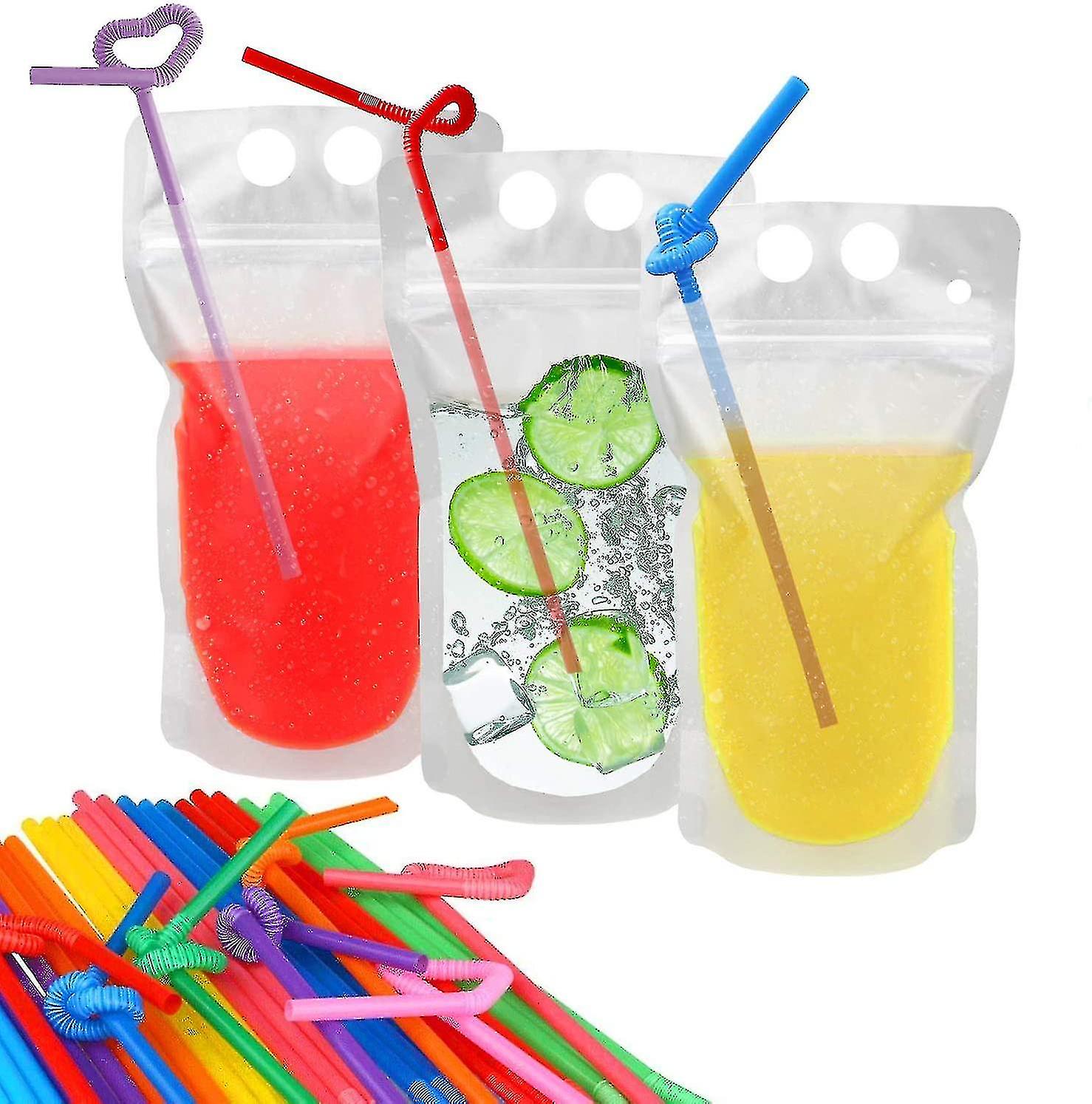 100 Pcs Drink Pouches With 100 Straw Holes Translucent Reclosable Zipper Pouches