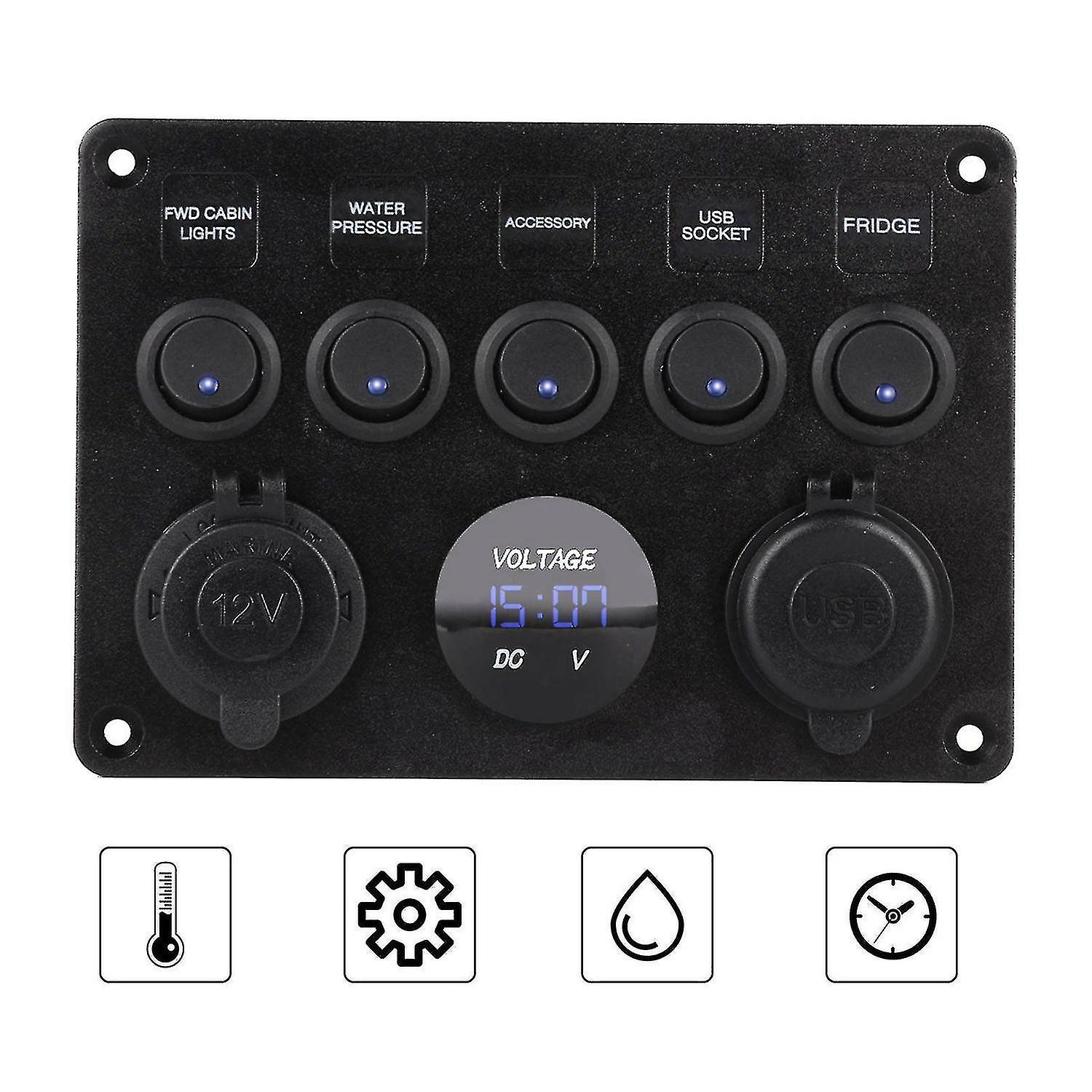 5 Gang 12v/24v Inline-fuse Box Led Switch Panel Dual Usb Car Boat Truck Camper