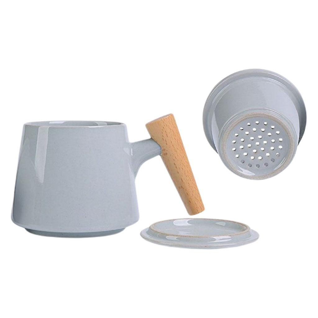 301-400ml Tea Cup with Lid and Handle Filter for Office Wooden handle gray