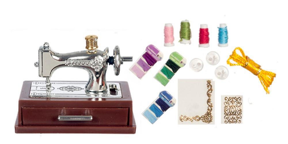 Dolls House Silver Sewing Machine Mounted With Drawer & Accessory Set