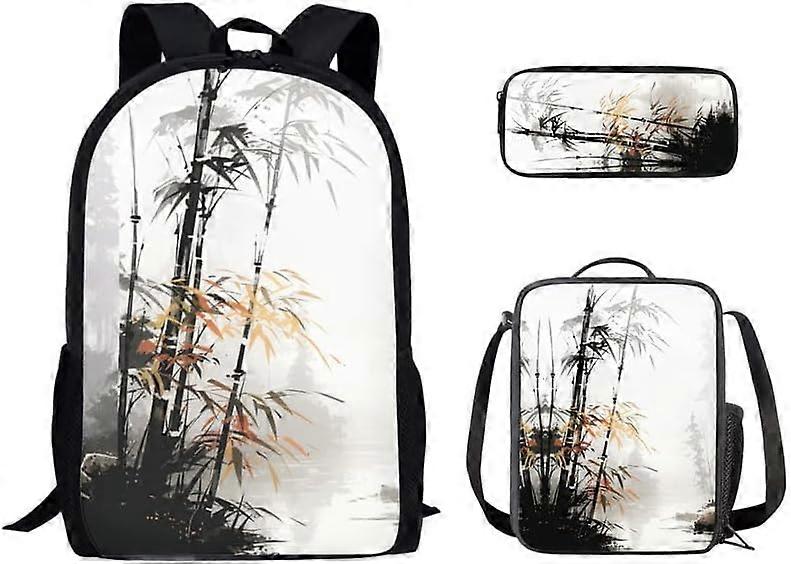 Ink Wash Painting Bamboo School Bag Backpack for Middle Students Chinese Style Bamboo Casual Daypacks Backpack 3Pcs Set Chinoiserie Bookbag with Lunch