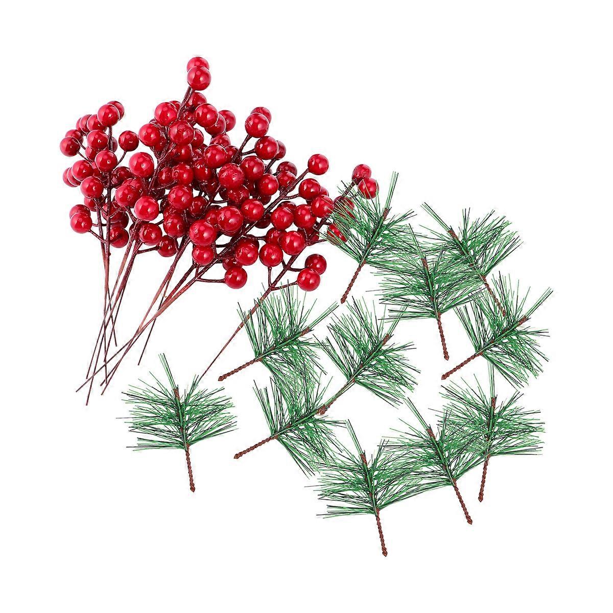 20pcs Christmas Gift Wrapping Simulated Berry Branches  Pine Needles (Green+Red)