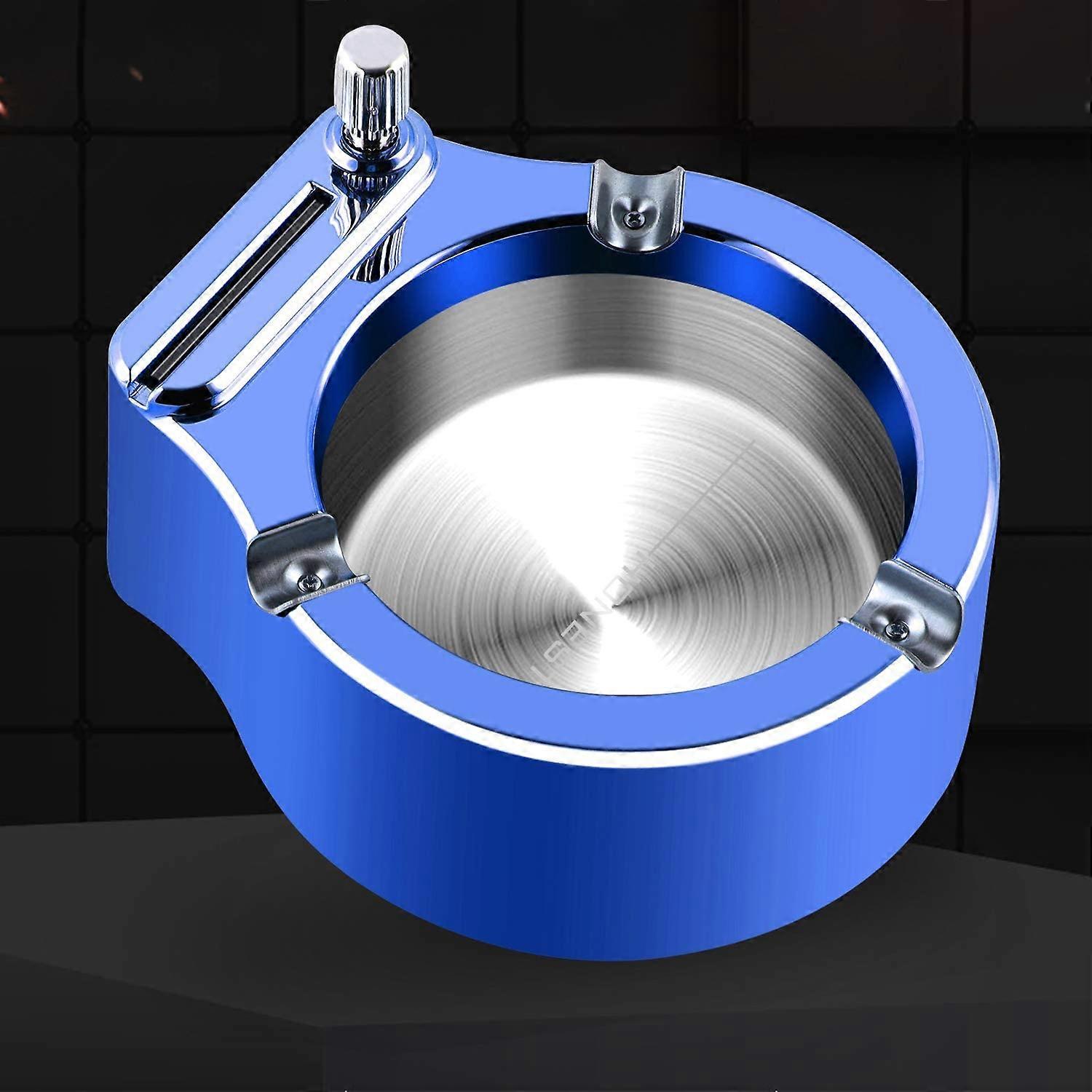 Stainless Ashtray with Match Flint Lighter - Retro Metal Ashtray (Blue)