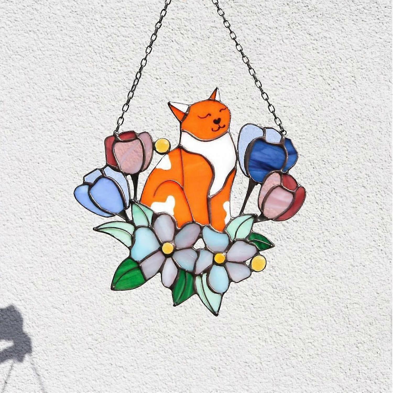 katt solfångare inredning, katt solfångare inredning för kattälskare, handgjorda målade fönsterbonader för katt på blommor dekoration katt prydnad för uteplats