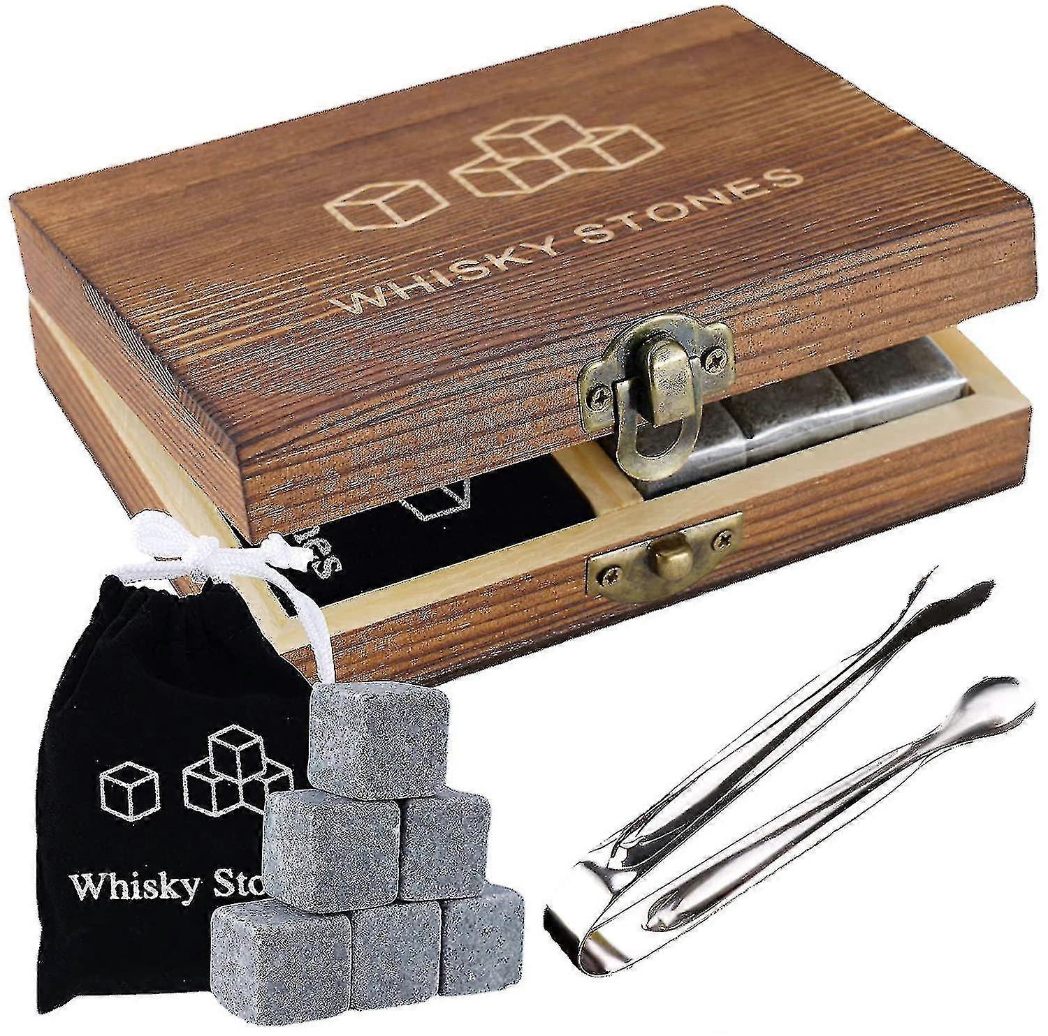 9 Granite Ice Stones And Wooden Box Whiskey Icewine Stones For Scotch, Whiskey, Bourbon, Tequila, Vodka, Rum, Wine