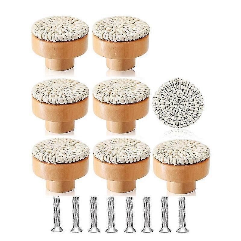 8pcs Boho Rattan Dresser Knobs Wood Drawer Knobs Handmade Woven Wicker Knobs Pull Handle For Cabine