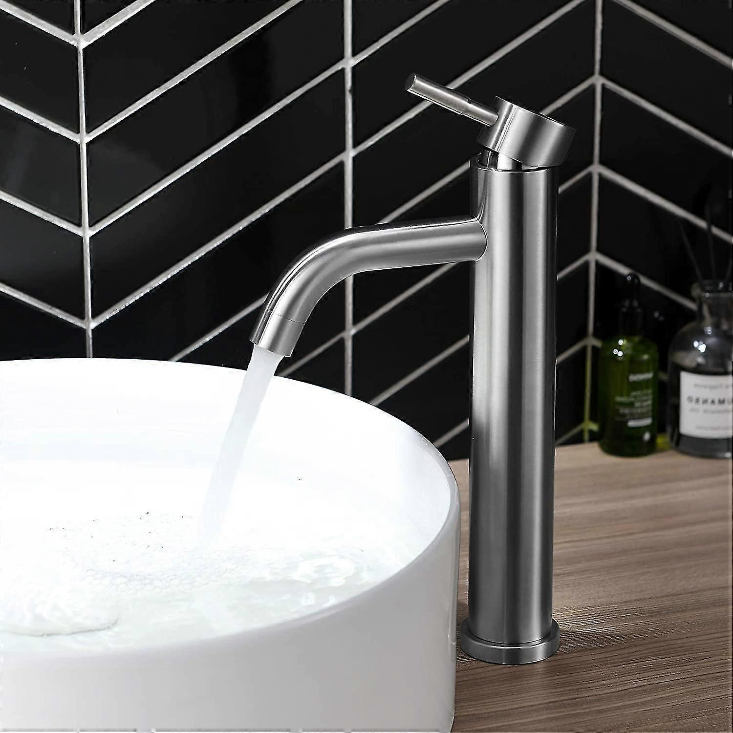 Tall Basin Sink Faucet, Single Handle 304 Stainless Steel Basin Mixer Tap, Modern Bathroom Mixer Tap Design With Pex Hose, Hot And Cold Adjustable, Li