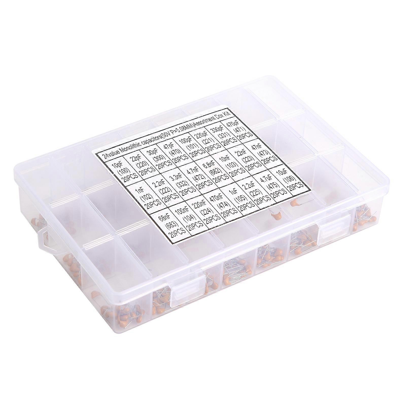 480Pcs Monolithic Ceramic Capacitor 24 Valves 10pF?10uF Accessory Set Kit for Computer