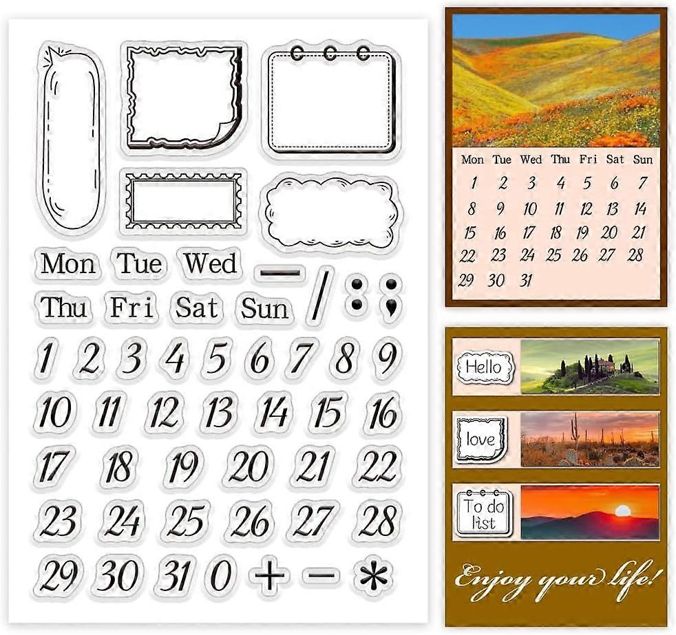 Calendar Clear Stamp Planner Frame Silicone Stamp Date Time Rubber Stamps Number Transparent Stamps for Card Making Photo Album Decoration DIY Scrapbo