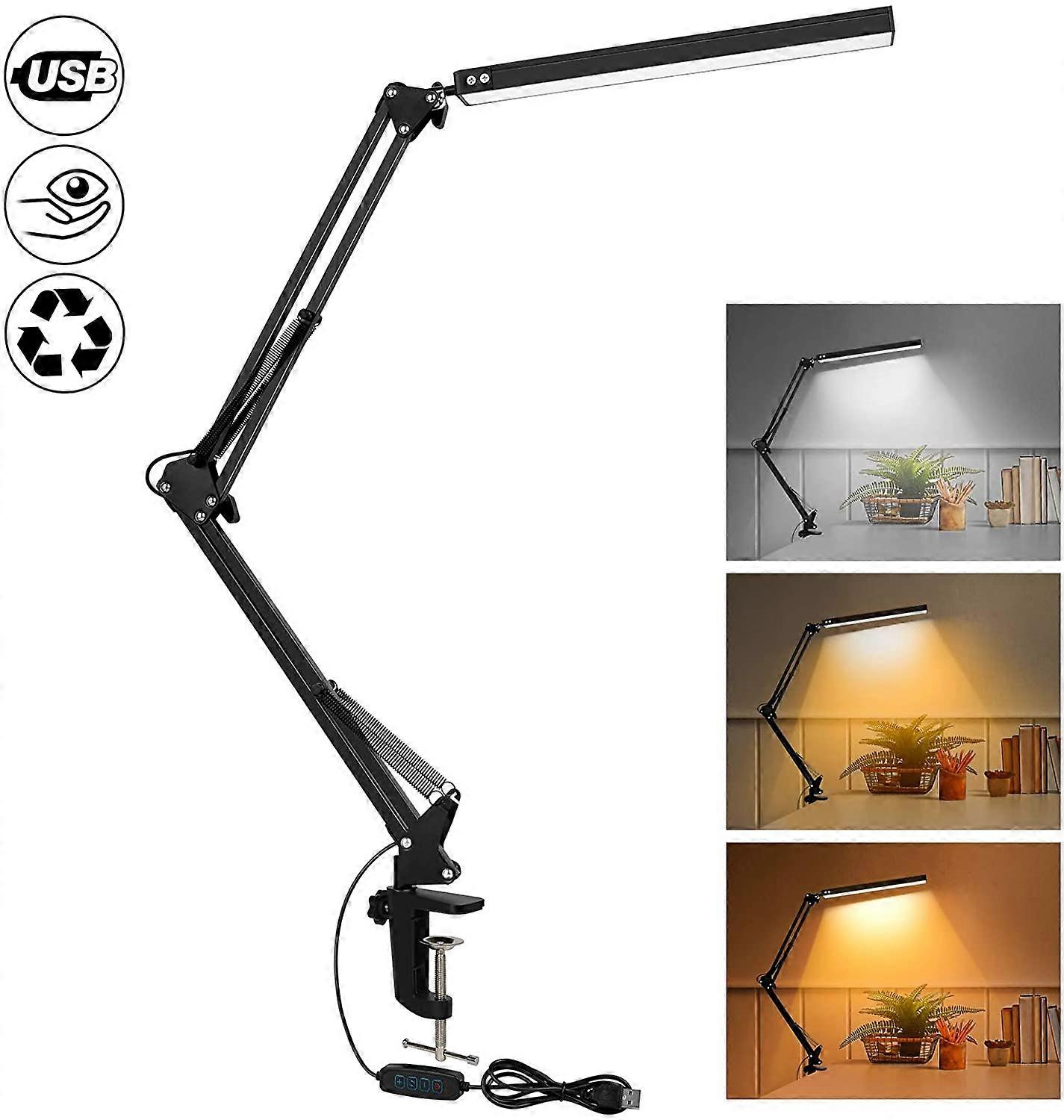 LED desk lamp with clamp, adjustable eye care table lamp with swing arm, 3 document modes, brightness recycling, memory function