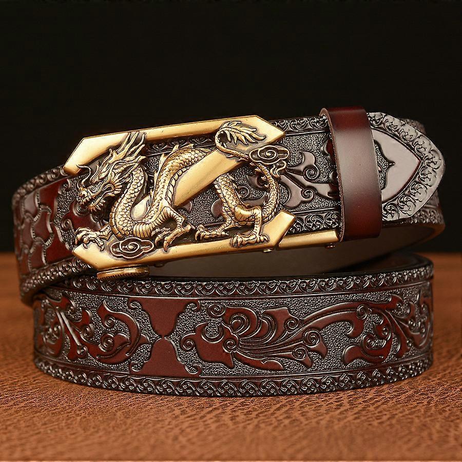 Ethnic Style Retro Z Dragon Automatic Buckle Men's Belt Cowhide Casual Carved Belts For Gift -Brown