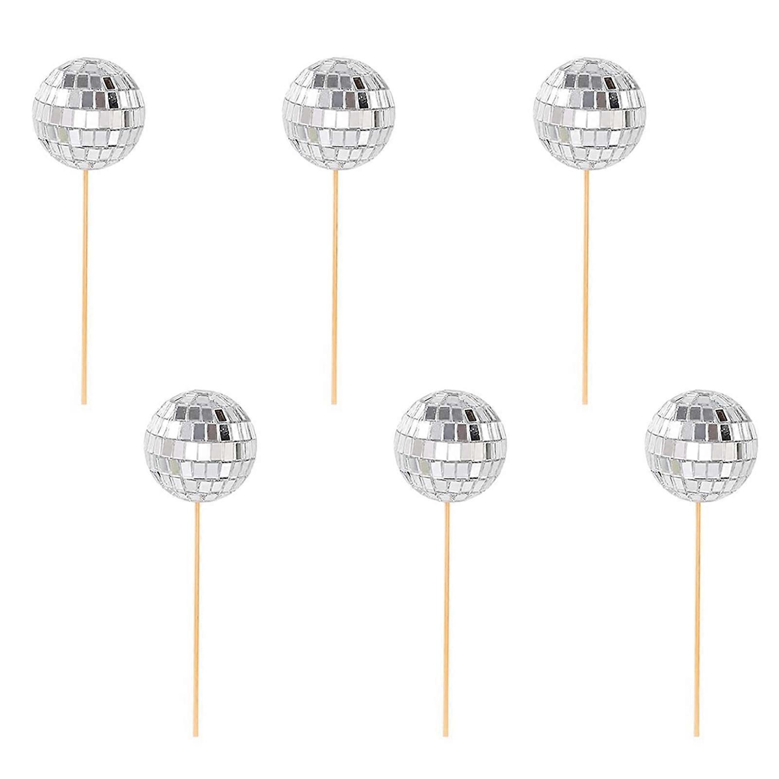 6Pcs Cake Insert Creative Exquisite Smooth Surface Shiny Decorate Mirror Disco Ball Cupcake Pick Party Supply
