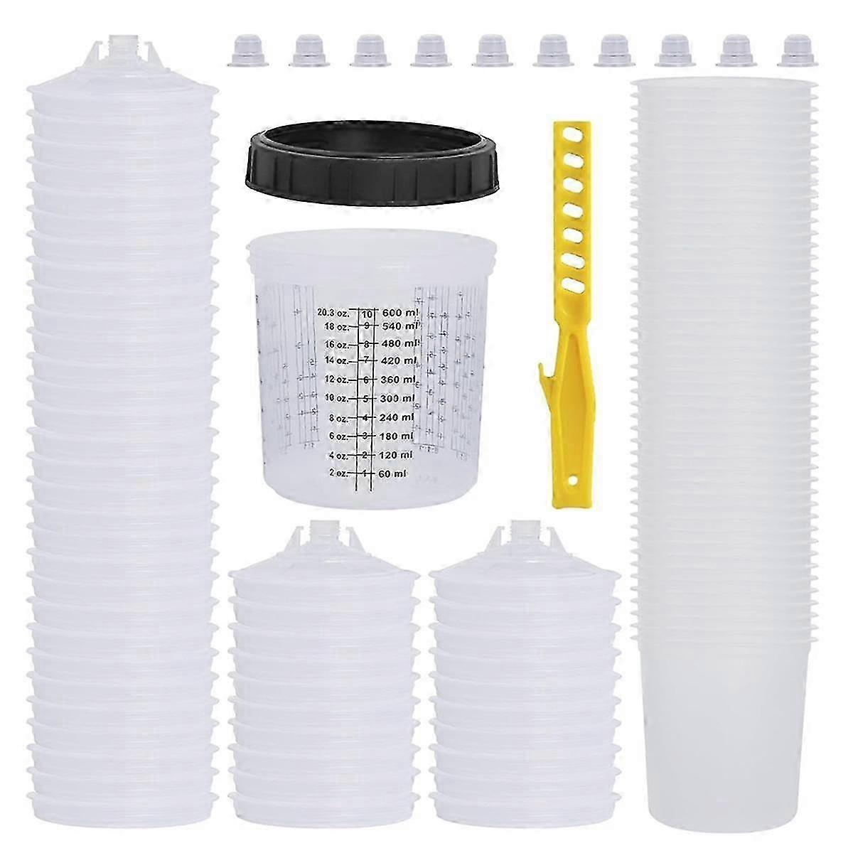 كوب الطلاء ، 50 بطانة كوب (20 أونصة) ، 50 غطاء مع فلاتر ، 10 سدادات ، 1 كوب صلب ، 1 حلقة تثبيت ، 1 ثانية