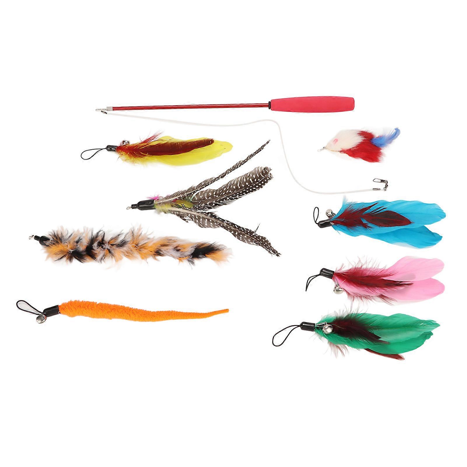 Retractable Cat Feather Teaser Wand 3 Sections Cat Interactive Fishing Pole with 8 Eplacement Heads