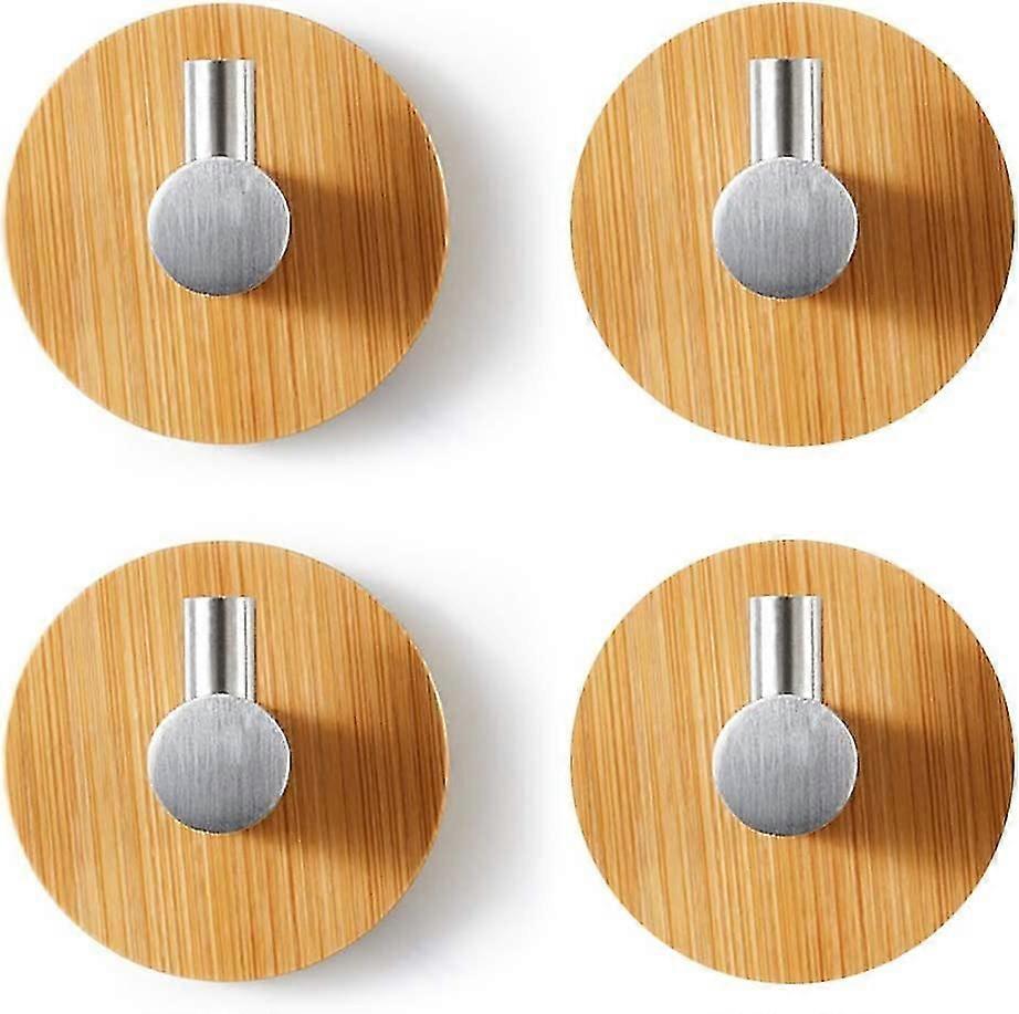 Wood Bamboo Wall Hooks - Self-adhesive Hooks For Hanging - Stainless Steel And Bamboo Robe Hooks - No Drilling Required