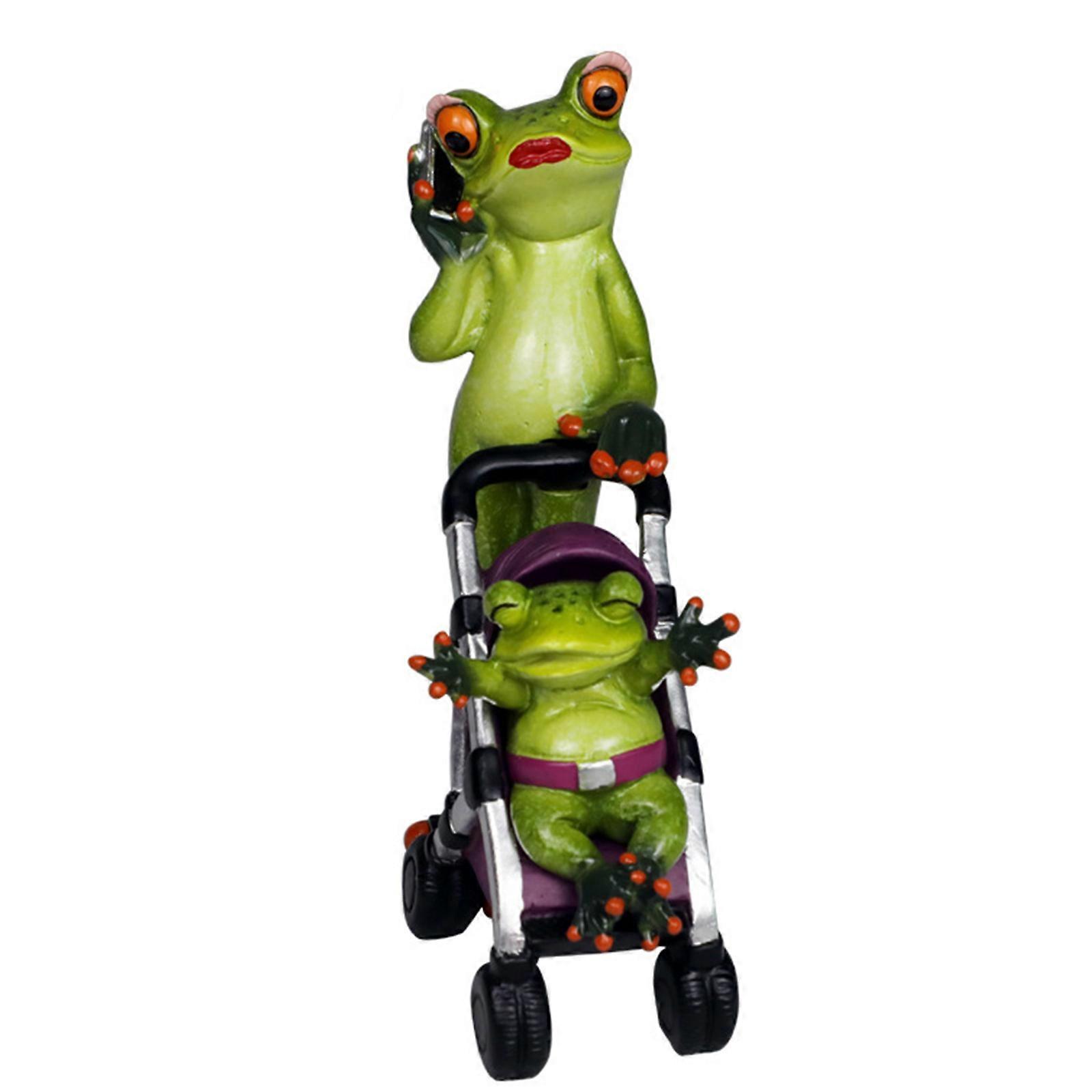 Funny Baby Stroller Mother for Frog Figurines Resin Parent Child Miniature Statu Green