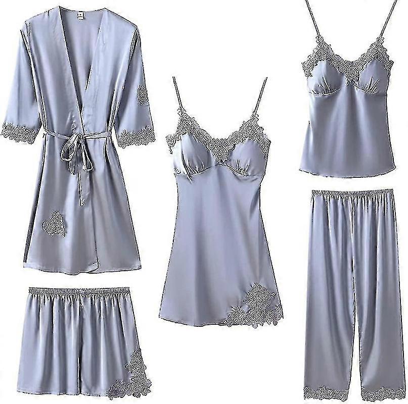Kadın İpek Saten Pijama Takımı 5'li Pijama Gecelik Cami Şort Bornoz Ve Pantolonlu Pijama Seti