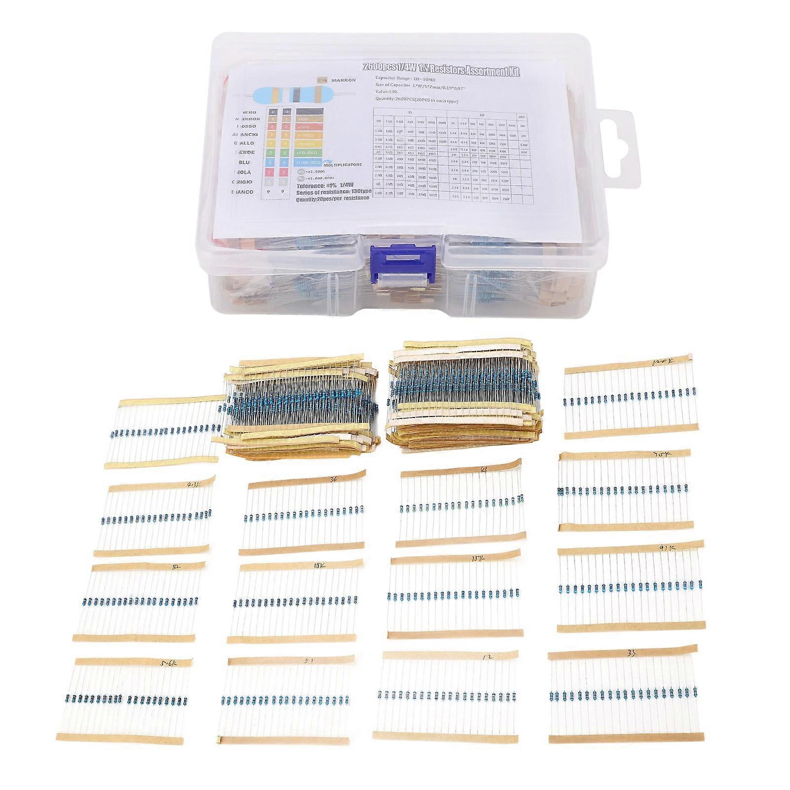 2600Pcs Metal Film Resistor 130 Values 0.25W 1Ω‑10MΩ Assortment for Electronics DIY