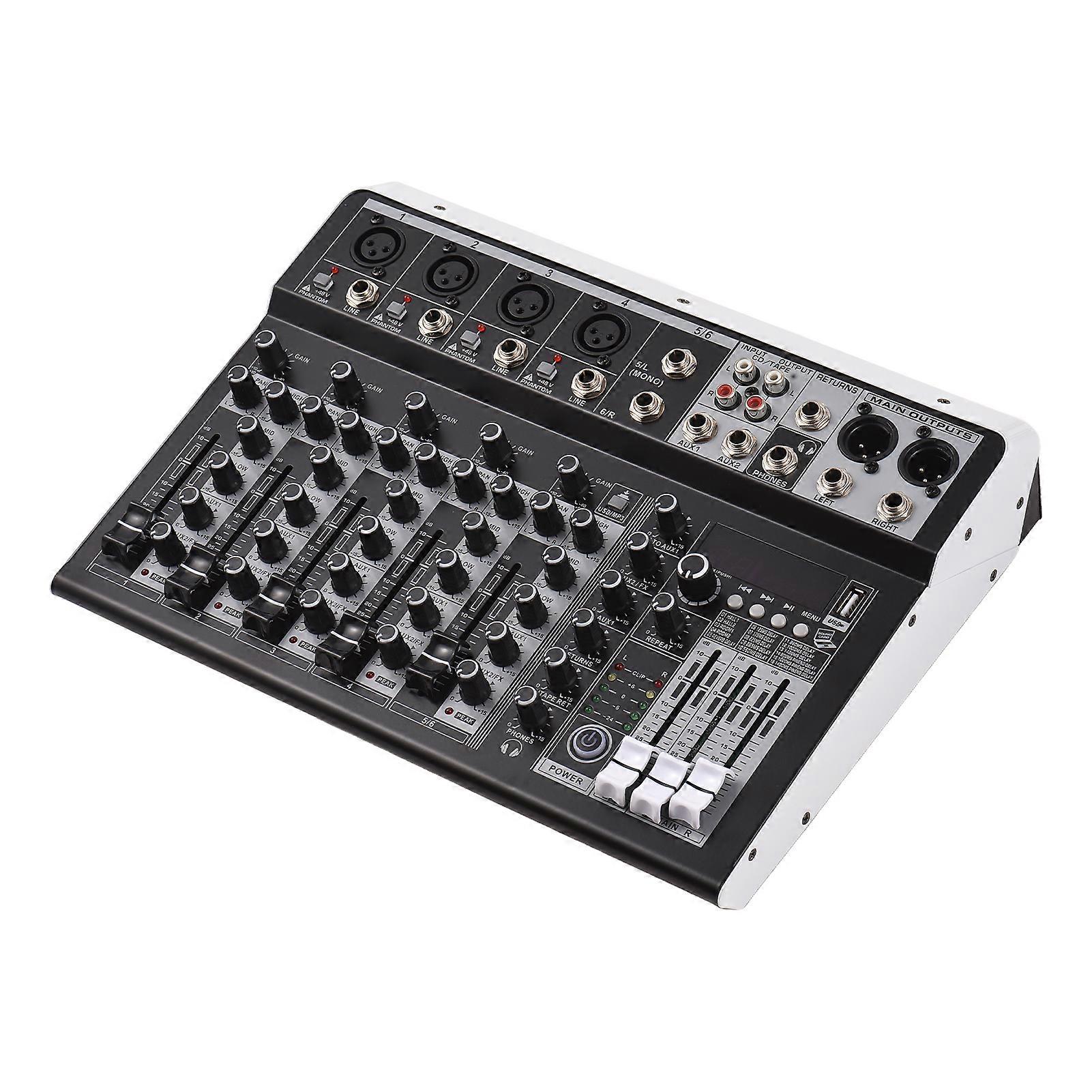 6-Channel Audio Mixer with 48V Phantom Power, BT Module, 16 Reverb for Home Studio, DJ, Network Live Broadcast in Europe