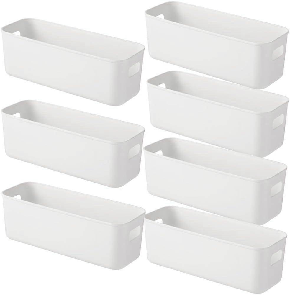 7 Pack Small White Plastic Organizing Bins for Kitchen Pantry and Bathroom Storage, Fridge Organizer with Handles